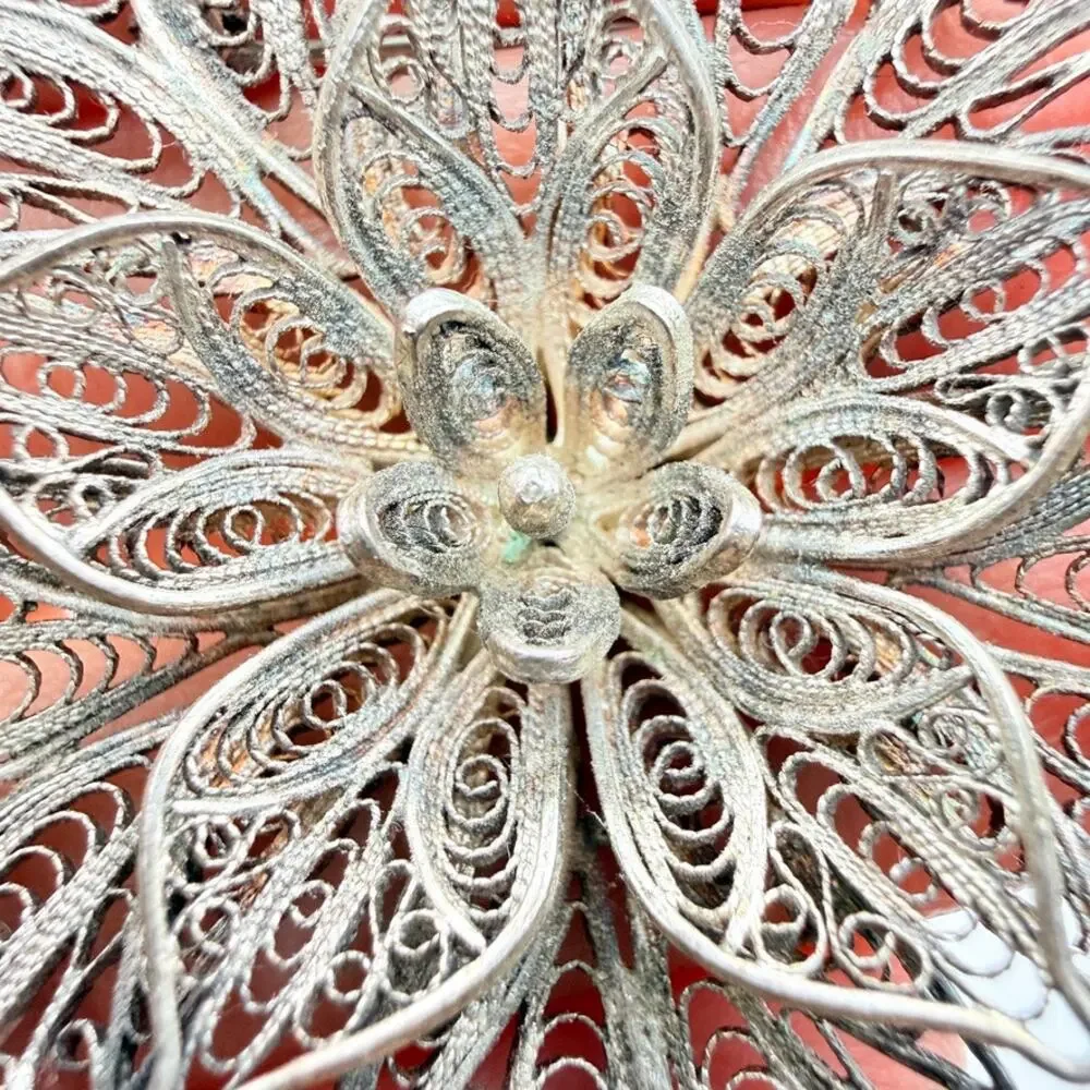 Antique Sterling Silver 925 Large Filigree Flower Brooch Pin Cannetille